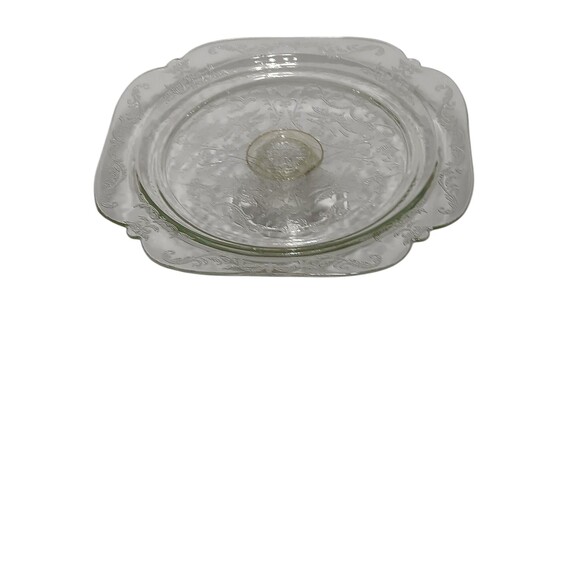 Vintage Depression Glass Cake Stand Clear Etched Square Pedestal Plate, 1930s - Picture 4 of 7
